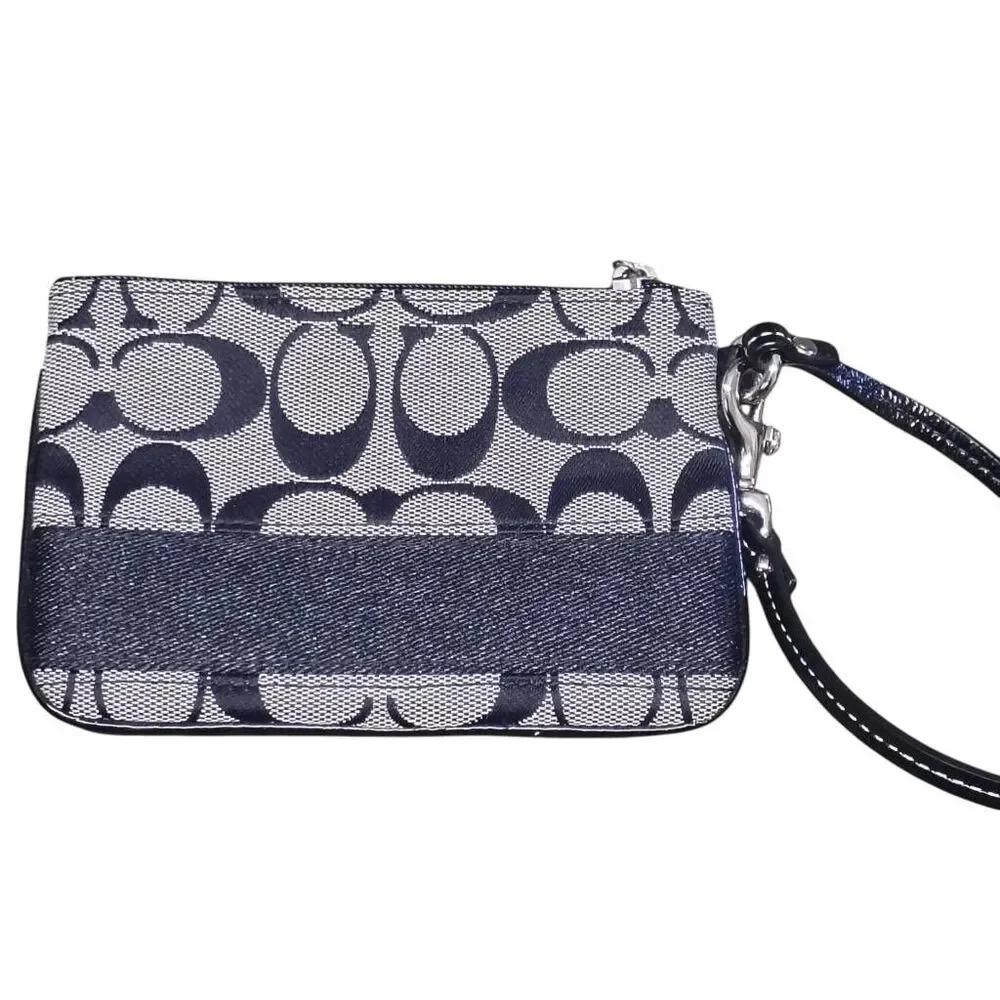 Coach Signature Canvas Black Gray Wristlet Zip Pouch Patent Leather EUC